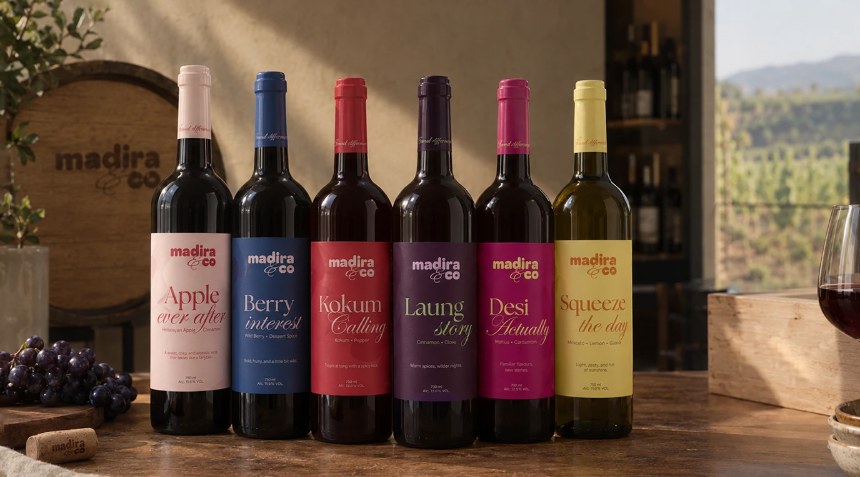 Seis garrafas de vinho com rótulos coloridos da marca Madira & Co