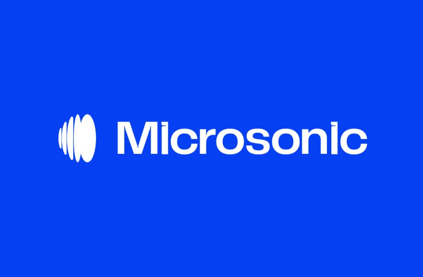 Logotipo Microsonic em branco sobre fundo azul