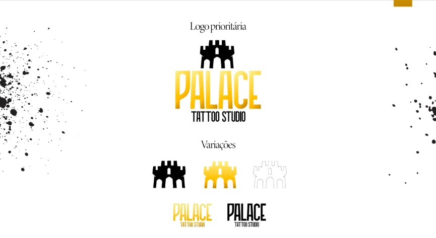 Logo Palace Tattoo Studio com torre, versões em preto, dourado e contorno