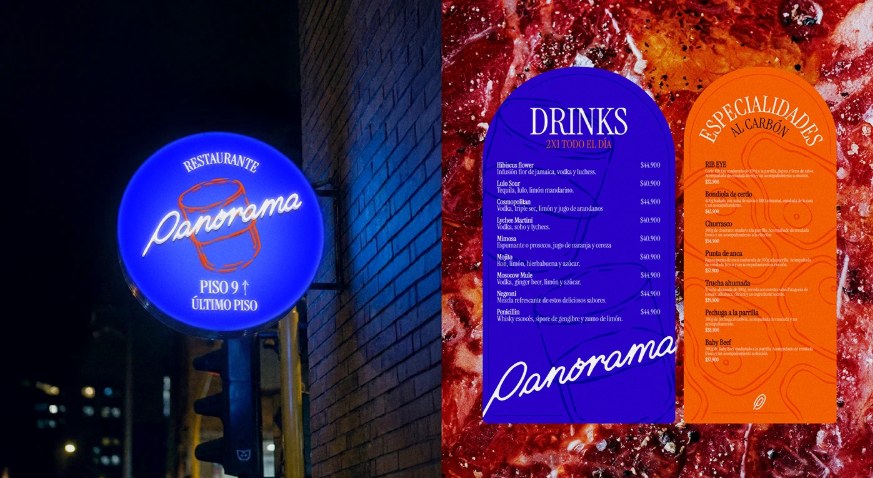 Placa luminosa azul e cardápios do restaurante Panorama