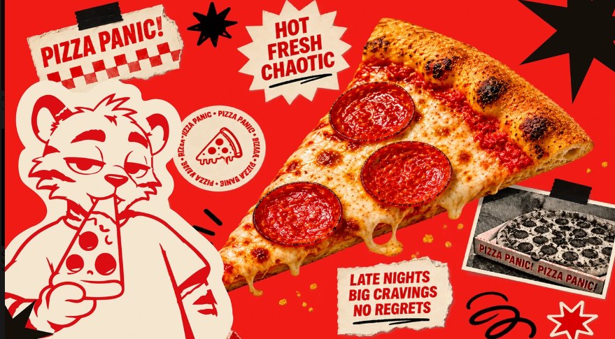 Composição vermelha da marca Pizza Panic com mascote, selos e fatia de pizza