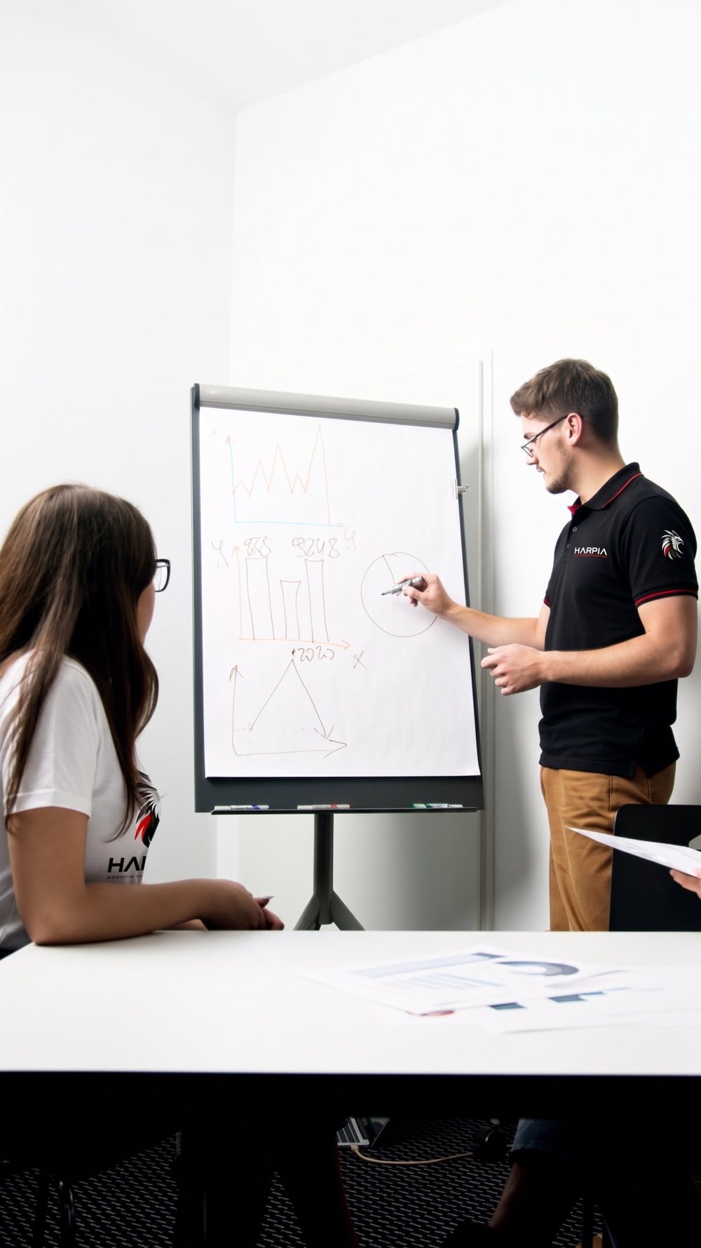 Integrante do time apresentando gráficos em um quadro para uma colega