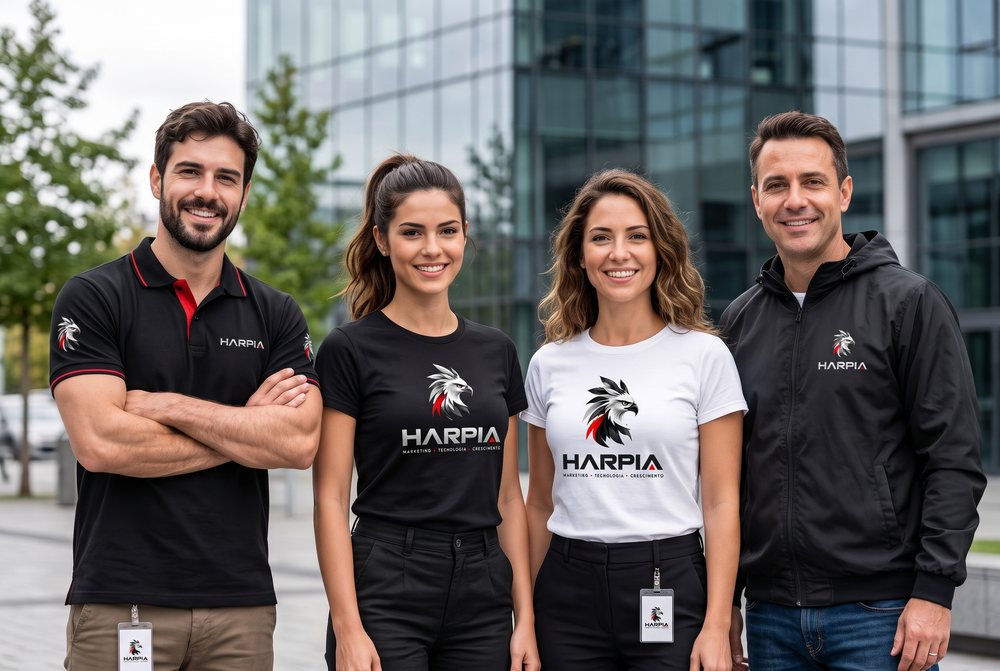 Quatro integrantes do time posando com uniformes e camisetas da Harpia